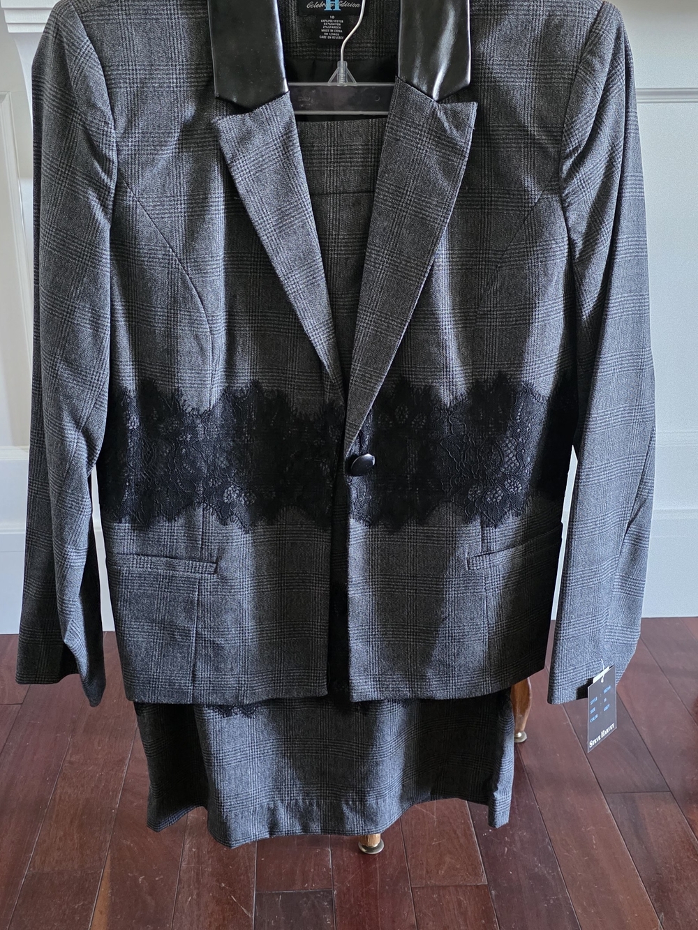 Steve Harvey's Gray Glen Plaid Blazer with Skirt Suit Black Lace Detail